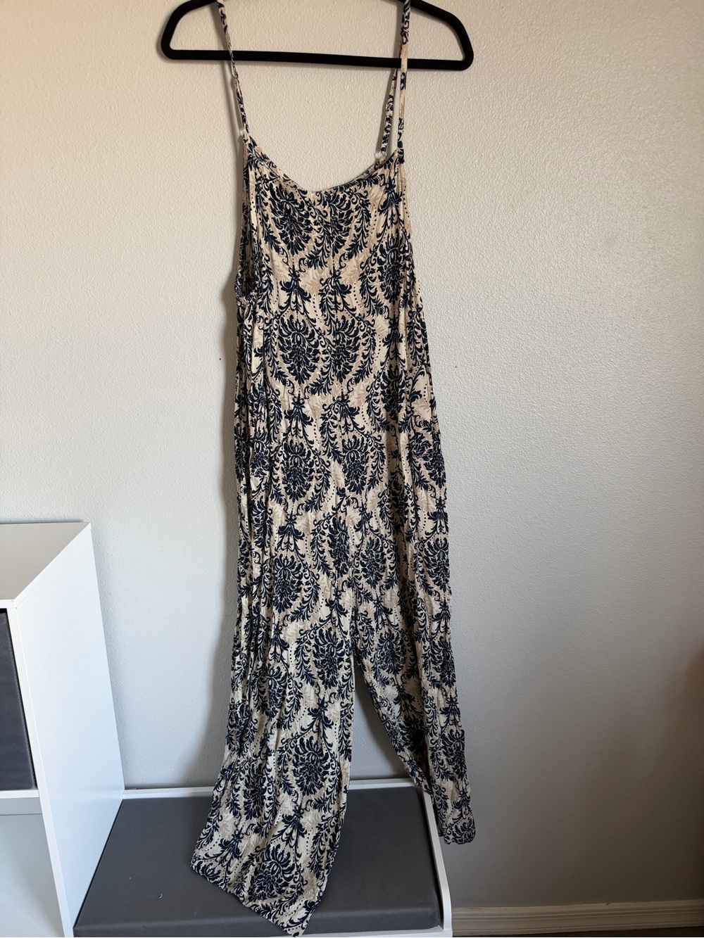 Beige and Navy Printed Sleeveless Jumpsuit